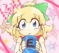 Rule 34 | 1girl, android, blonde hair, blue eyes, blush, bow, capcom, character name, child, e-tank, hair bow, hair ornament, heart, high ponytail, highres, holding, long hair, looking at viewer, mega man (classic), mega man (series), ponytail, roll (mega man), solo, star (symbol), text focus