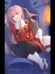 Rule 34 | 10s, 1girl, absurdres, aqua eyes, black pantyhose, boots, character name, darling in the franxx, gloves, hairband, hat, highres, horns, jacket, kate iwana, long hair, pantyhose, pink hair, sitting, solo, tongue, tongue out, uniform, white gloves, white hairband, zero two (darling in the franxx)