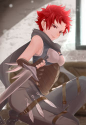 Rule 34 | 1girl, alternate costume, arm blade, black bodysuit, black scarf, bodysuit, breasts, closed mouth, commentary, dagger, day, fingerless gloves, fire emblem, fire emblem awakening, full body, gloves, haru (nakajou-28), highres, indoors, kneeling, knife, lips, looking at viewer, medium breasts, nintendo, on one knee, parted bangs, red eyes, red hair, reverse grip, scarf, short hair, smile, solo, spiked hair, sully (fire emblem), sunlight, sword, thigh strap, weapon, window