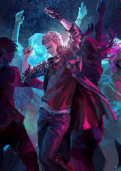 Rule 34 | 2boys, 3girls, arms up, black gloves, blue coat, blue legwear, bracelet, coat, dancing, devil may cry (series), devil may cry 5, closed eyes, fingerless gloves, gloves, highres, jewelry, lens flare, long hair, multiple boys, multiple girls, necklace, neon lights, nero (devil may cry), parted lips, red shirt, shirt, sleeves rolled up, smile, standing, tin nijigen, white hair, white shirt