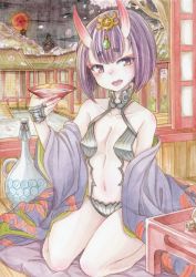 Rule 34 | 1girl, :d, alcohol, architecture, black hair, bob cut, brown eyes, cherry blossoms, cup, east asian architecture, fang, fate/grand order, fate (series), gourd, horns, japanese clothes, kimono, midriff, navel, oni, open mouth, pale skin, petals, petals on liquid, sakazuki, sake, short eyebrows, short hair, shuten douji (fate), shuten douji (first ascension) (fate), sitting, smile, solo, takeshisu, traditional media