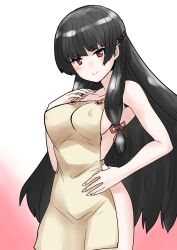 Rule 34 | 1girl, 30-06, apron, armpits, black hair, blunt bangs, breasts, covered erect nipples, gradient background, highres, isokaze (kancolle), kantai collection, long hair, looking at viewer, naked apron, red eyes, smile, solo