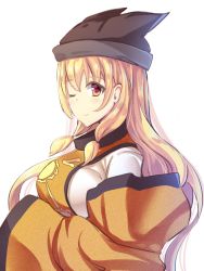 Rule 34 | 1girl, blonde hair, breasts, commentary request, hat, highres, large breasts, liya, long sleeves, looking at viewer, matara okina, one eye closed, smile, solo, tabard, touhou, upper body, wide sleeves, yellow eyes