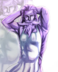 Rule 34 | 1boy, apron, armpits, beard, ebi 193, facial hair, hands on own head, looking at viewer, male focus, manly, muscular, mustache, naked apron, pointy ears, solo, touhou, unzan, zoom layer
