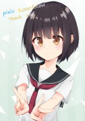 Rule 34 | 1girl, absurdres, black hair, black sailor collar, blush, brown eyes, closed mouth, commentary request, gradient background, green background, hair between eyes, highres, hijouguti, milestone celebration, original, outstretched arms, red neckwear, sailor collar, school uniform, serafuku, shirt, short hair, short sleeves, smile, solo, thank you, upper body, v, white shirt