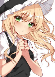 Rule 34 | 1girl, alternate eye color, black dress, black hat, blonde hair, blush, braid, breasts, closed mouth, collared shirt, commentary request, dress, eyes visible through hair, fingernails, frills, green eyes, hair between eyes, hands up, hat, highres, kirisame marisa, long fingernails, long hair, looking to the side, medium breasts, own hands together, puffy short sleeves, puffy sleeves, shirt, short sleeves, simple background, single braid, solo, suzuka (nonnonsuzuki20), teeth, touhou, white background, white shirt, witch hat