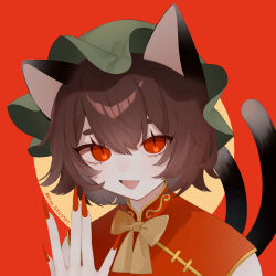 Rule 34 | 1girl, animal ears, artist name, bow, bowtie, brown eyes, brown hair, cat ears, cat tail, chen, commentary, double-parted bangs, eyebrows hidden by hair, eyelashes, eyes visible through hair, fingernails, gold trim, green hat, hair between eyes, hand up, hat, highres, hina (uhnt4478), long fingernails, looking at viewer, mob cap, multiple tails, nail polish, nekomata, portrait, red background, red nails, red vest, sharp fingernails, short hair, simple background, slit pupils, solo, symbol-only commentary, tail, touhou, two tails, upper body, vest, ||/