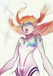 Rule 34 | 1girl, absurdres, artist request, blue eyes, bodysuit, breasts, brown hair, evangelion: 3.0+1.0 thrice upon a time, floating hair, glowing, glowing eyes, green eyes, hair ornament, heterochromia, highres, interface headset, long hair, looking at viewer, neon genesis evangelion, open mouth, plugsuit, rebuild of evangelion, skin tight, solo, souryuu asuka langley, twintails, very long hair, white bodysuit, wide hips
