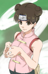 Rule 34 | 1girl, bare shoulders, brown eyes, brown hair, chinese clothes, closed mouth, double bun, fanny pack, fingers together, furrowed brow, hair bun, hands up, headband, naruto, naruto (series), pretty-purin720, short hair, sleeveless, solo, tenten (naruto)