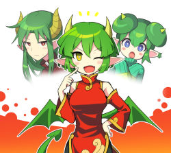 Rule 34 | 1boy, 2girls, absurdres, blue eyes, blush, breasts, china dress, chinese clothes, detached sleeves, draco centauros, dragon girl, dragon horns, dragon tail, dragon wings, dress, fang, green hair, highres, horns, large breasts, lidelle (puyopuyo), long hair, looking at viewer, multiple girls, offbeat, open mouth, pointy ears, puyopuyo, red dress, red eyes, satan (puyopuyo), short hair, smile, tail, wings, yellow eyes