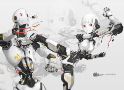 Rule 34 | 1boy, 1girl, android, black sclera, cable, colored sclera, colored skin, damaged, dent, humanoid robot, joints, kicking, mechanical parts, original, pistons, red eyes, robot, robot joints, short hair, simple background, tafuu (tortafu), white hair, white skin