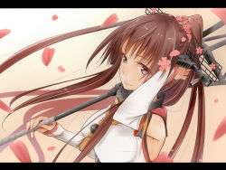 Rule 34 | 10s, 1girl, akino shuu, akisyuuno, brown hair, cherry blossoms, headgear, japanese clothes, kantai collection, letterboxed, long hair, looking at viewer, personification, ponytail, red eyes, smile, solo, umbrella, yamato (kancolle)
