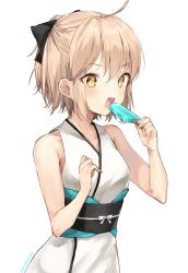 Rule 34 | 1girl, ahoge, artist name, bad id, bad pixiv id, bare shoulders, blonde hair, commentary request, eating, eyes visible through hair, fate/grand order, fate (series), food, hair between eyes, hair ribbon, half updo, highres, ice cream, ishida umi, japanese clothes, obi, okita souji (fate), okita souji (koha-ace), open mouth, popsicle, ribbon, sash, short hair, sidelocks, simple background, sleeveless, solo, white background, yellow eyes