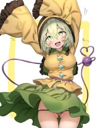 Rule 34 | 1girl, :d, arms up, black hat, bow, eyeball, frilled shirt collar, frilled sleeves, frills, gluteal fold, green eyes, green hair, green skirt, happy, hat, heart, heart-shaped pupils, heart of string, komeiji koishi, long sleeves, open mouth, polpol, shirt, skirt, smile, string, symbol-shaped pupils, third eye, touhou, wide sleeves, yellow bow, yellow shirt