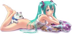 Rule 34 | 1girl, aqua eyes, aqua hair, ass, back, barefoot, blue eyes, bottomless, breasts, camisole, cushion, feet, fingernails, hand rest, hatsune miku, head rest, legs, lips, long hair, looking at viewer, lying, no panties, on stomach, pillow, scarf, sexually suggestive, sideboob, simple background, small breasts, soles, solo, stuffed animal, stuffed toy, teddy bear, twintails, very long hair, vocaloid, wallpaper, white background, wokada