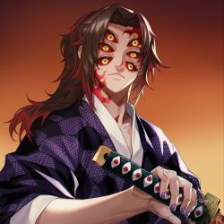Rule 34 | 1boy, brown hair, closed mouth, collarbone, colored sclera, commentary request, extra eyes, facial mark, gradient background, highres, himmel (allsky83), holding, holding sword, holding weapon, japanese clothes, katana, kimetsu no yaiba, kimono, kokushibou, long hair, looking at viewer, male focus, orange background, parted bangs, ponytail, red sclera, solo, sword, upper body, weapon