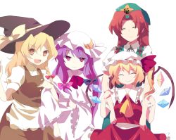 Rule 34 | 4girls, bad id, bad pixiv id, blonde hair, braid, china dress, chinese clothes, crescent hat ornament, dress, female focus, flandre scarlet, hacchi, hat, hat ornament, hong meiling, kirisame marisa, long hair, multiple girls, patchouli knowledge, purple eyes, purple hair, red eyes, red hair, ribbon, short hair, embodiment of scarlet devil, touhou, witch, witch hat, yellow eyes