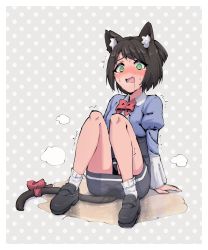 Rule 34 | 1girl, animal ear fluff, animal ears, black footwear, black skirt, blue shirt, blush, border, bow, bowtie, brown hair, cat ears, cat girl, cat tail, collared shirt, drooling, embarrassed, fang, female focus, frilled shirt, frills, full body, green eyes, grey background, high-waist skirt, highres, juliet sleeves, knees up, long sleeves, looking at viewer, miniskirt, nose blush, one side up, open mouth, original, pee, peed self, peeing, peeing self, polka dot, polka dot background, puddle, puffy sleeves, red bow, red bowtie, ripples, rune (dualhart), saliva, school uniform, shirt, shirt tucked in, shoes, short hair, sidelocks, simple background, sitting, skirt, socks, solo, steam, suri (rune (dualhart)), tail, tail bow, tail ornament, tears, trembling, wet, wet clothes, white border, white socks, wide-eyed