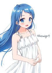 Rule 34 | 1girl, alternate costume, bad id, bad twitter id, blue eyes, blue hair, blush, dress, hoshino kagari, kantai collection, long dress, long hair, looking at viewer, one-hour drawing challenge, open mouth, samidare (kancolle), simple background, solo, twitter username, white background