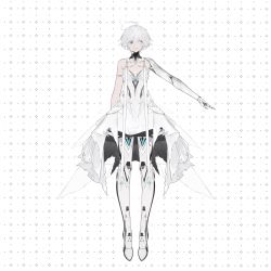 Rule 34 | 1girl, absurdres, ahoge, angel wings, arms at sides, blue eyes, breasts, chaomian buyao mian, dress, eyes visible through hair, heterochromia, highres, looking at viewer, mechanical arms, mechanical legs, original, plantar flexion, prosthesis, prosthetic arm, prosthetic leg, short hair, single mechanical arm, small breasts, smile, solo, white dress, white eyes, white hair, wings