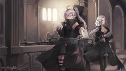 Rule 34 | 1girl, ahoge, alternate color, assault rifle, aug (girls&#039; frontline), black dress, black gloves, black nails, breasts, bullpup, church, cleavage, closed mouth, coat, collarbone, commission, covered mouth, dated, dress, expressionless, flower, girls&#039; frontline, gloves, gun, hair between eyes, hair flower, hair ornament, hair ribbon, hiroki ree, holding, holding gun, holding weapon, indoors, jacket, long hair, looking at viewer, machine gun, mole, mole under eye, multiple girls, nail polish, orange eyes, pkp (girls&#039; frontline), pkp pecheneg, presenting, ribbon, rifle, scenery, side ponytail, sidelocks, signature, silver hair, skindentation, steyr aug, thigh strap, thighhighs, trigger discipline, tsurime, vertical forward grip, very long hair, weapon, yellow eyes
