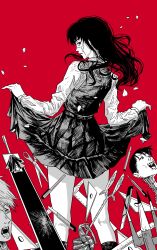 Rule 34 | absurdres, chainsaw man, greyscale, highres, long hair, looking at viewer, looking back, monochrome, monogatari (series), multiple weapons, pencil, polearm, raggumba, red background, senjougahara hitagi, skirt, sword, trident, weapon, yoru (chainsaw man)