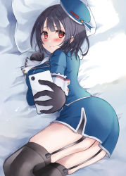 Rule 34 | 1girl, bed, bed sheet, black gloves, black hair, black thighhighs, blue hat, blue skirt, blush, breasts, cellphone, closed mouth, commission, garter straps, gloves, hat, hatomaru (hatomaru56), highres, holding, holding phone, kantai collection, large breasts, long sleeves, looking at viewer, lying, miniskirt, on bed, on side, phone, pillow, red eyes, selfie, short hair, skeb commission, skirt, smartphone, solo, takao (kancolle), thighhighs