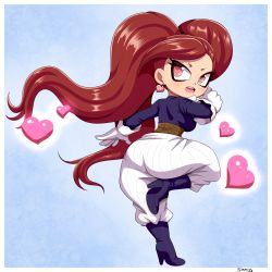 Rule 34 | 1girl, ass, ass shake, blue background, boku no hero academia, boots, earrings, gloves, heart, heart earrings, high heel boots, high heels, highres, huge ass, jewelry, la brava, long hair, looking back, pants, pink eyes, red hair, shortstack, simmsy, smile, solo, standing, standing on one leg, twintails, white pants, wide hips