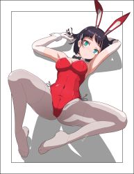 Rule 34 | 1girl, absurdres, animal ears, bare legs, barefoot, batta 16-sei, black bow, black bowtie, black hair, black leotard, bow, bowtie, breasts, cleavage, detached collar, elbow gloves, fake animal ears, gloves, green eyes, grey pantyhose, hair ornament, hairclip, highres, kirigaya suguha, large breasts, leotard, looking at viewer, lying, pantyhose, playboy bunny, rabbit ears, rabbit tail, red leotard, shadow, short hair, smile, solo, spread legs, strapless, strapless leotard, sword art online, tail, white gloves, wrist cuffs
