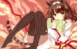 Rule 34 | 1girl, animal ears, brown eyes, brown hair, cat ears, cat tail, hugging object, long hair, looking at viewer, lying, no shoes, original, pantyhose, pillow, pillow hug, plantar flexion, solo, striped clothes, striped pantyhose, striped thighhighs, tail, tan (tangent), thighhighs, vertical-striped clothes, vertical-striped pantyhose, wavy hair