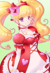 Rule 34 | 1girl, asahina mirai, bow, breasts, choker, collarbone, cowboy shot, cure miracle, cure miracle (ruby style), dress, earrings, elbow gloves, gloves, green background, hat, heart, heart earrings, inano oriya, jewelry, looking at viewer, magical girl, mahou girls precure!, medium breasts, mini hat, mini witch hat, pink hat, precure, puffy short sleeves, puffy sleeves, purple eyes, red bow, red dress, ruby style, short sleeves, simple background, solo, twintails, white gloves, witch hat