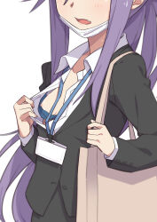 Rule 34 | 1girl, bag, black jacket, blue bra, blush, bra, breasts, fang, female focus, formal, hasunuma koyomi, head out of frame, highres, holding, holding bag, id card, jacket, lanyard, long hair, long sleeves, looking at viewer, morisobo, nipples, open mouth, purple hair, sidelocks, simple background, small breasts, solo, suit, underwear, white background, zatsu tabi