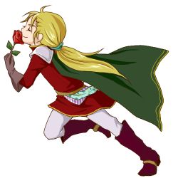 Rule 34 | 1980s (style), 1boy, blonde hair, boots, cape, closed eyes, final fantasy, final fantasy ii, flower, gloves, lowres, male focus, marching, miharuko (kopera), ponytail, rose, running, scott, shoulder pads, solo