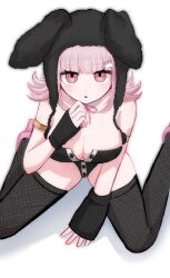 1girl absurdres arm_warmers armlet bare_shoulders black_leotard blush breasts brown_hair buttons cleavage danganronpa_(series) danganronpa_2:_goodbye_despair fishnet_thighhighs fishnets grey_background highres jewelry large_breasts leotard looking_at_viewer looking_up medium_hair mole mole_on_breast nanami_chiaki nia_(nya_nanjr) pink_eyes pink_footwear shoes simple_background solo spaceship_hair_ornament thighhighs
