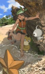 Rule 34 | 1girl, absurdres, arm support, bandana, barefoot, beach, brown hair, castform, castform (normal), closed eyes, cloud, commentary request, creatures (company), day, game freak, gen 1 pokemon, gen 3 pokemon, green bandana, highres, huge filesize, leg up, may (pokemon), minahamu, nintendo, open mouth, outdoors, pokemon, pokemon (creature), pokemon emerald, pokemon rse, psyduck, removing shoes, sand, shore, sky, smile, standing, standing on one leg, staryu, toes, tree, water, wingull