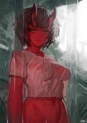 Rule 34 | 1girl, bottomless, breasts, brown hair, closed mouth, colored skin, cropped shirt, horns, jitome, kidouko (zakusi), looking at viewer, medium breasts, navel, oni, orange eyes, original, out-of-frame censoring, red oni, red skin, see-through silhouette, shirt, short hair, short sleeves, signature, solo, stomach, symbol-only commentary, water, waterfall, wet, wet clothes, wet shirt, white shirt, yellow eyes, zakusi