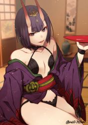 Rule 34 | 1girl, 2f sq, alcohol, bare shoulders, blurry, blurry background, bob cut, collarbone, cup, depth of field, fate/grand order, fate (series), holding, horns, indoors, japanese clothes, kimono, long sleeves, looking at viewer, obi, off shoulder, oni, open clothes, open kimono, parted lips, purple eyes, purple hair, purple kimono, revealing clothes, sakazuki, sake, sash, short hair, shuten douji (fate), sitting, skin-covered horns, smile, solo, thick eyebrows, twitter username, urn, wide sleeves