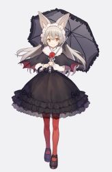 Rule 34 | 1girl, animal ears, bat ears, black capelet, black dress, black footwear, black ribbon, brown eyes, capelet, closed mouth, dress, floating hair, flower, frilled dress, frills, full body, fur collar, grey background, headdress, holding, holding umbrella, loafers, long hair, long sleeves, looking at viewer, original, pantyhose, red flower, red pantyhose, ribbon, rose, shoes, shugao, silver hair, simple background, smile, solo, standing, striped clothes, striped pantyhose, umbrella