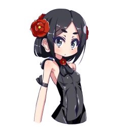 Rule 34 | 1girl, armband, bare shoulders, black hair, blush, bodysuit, breasts, covered navel, flower, hair flower, hair ornament, highres, looking at viewer, nanarokushiki, princess principal, simple background, skin tight, small breasts, toudou chise, white background