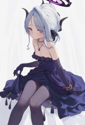 Rule 34 | 1girl, akishita akihana, bare shoulders, black horns, black pantyhose, blue archive, blush, breasts, closed mouth, demon horns, dress, elbow gloves, eyes visible through hair, feet out of frame, gloves, grey hair, hair bun, hair intakes, hair over one eye, hair ribbon, halo, highres, hina (blue archive), hina (dress) (blue archive), horns, jewelry, knees together feet apart, looking at viewer, multiple horns, necklace, official alternate costume, pantyhose, parted bangs, pendant, purple dress, purple eyes, purple gloves, ribbon, sidelocks, simple background, sitting, skirt hold, small breasts, solo, strapless, strapless dress, thighs, white background