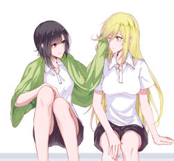 Rule 34 | 10s, 2girls, absurdres, black hair, blanket, blonde hair, blue eyes, blush, breasts, closed mouth, connie christensen, hair between eyes, hand on another&#039;s face, hand on own leg, hanebado!, highres, knees together feet apart, long hair, looking at another, medium breasts, multiple girls, one eye closed, purple eyes, shirt, shiwahime yuika, short hair, short sleeves, shorts, sitting, smile, sportswear, spotlight (artist), tennis uniform, very long hair, white shirt