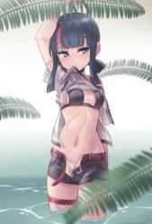 Rule 34 | 1girl, arm up, belt, bikini, bikini top only, black hair, blue eyes, blush, clothes in mouth, fate/grand order, fate (series), galbany (tsgororin), highres, magatama, mouth hold, navel, open clothes, open shorts, see-through, see-through shirt, shirt in mouth, shorts, swimsuit, thigh strap, utsumi erice, utsumi erice (swimsuit avenger), utsumi erice (swimsuit avenger) (first ascension), wading, water