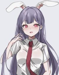 Rule 34 | 1girl, animal ears, blunt bangs, blush, breasts, full-face blush, grey background, hand up, highres, long hair, medium breasts, necktie, noyama (prosiuttooishi), open mouth, pink eyes, purple hair, rabbit ears, red necktie, reisen udongein inaba, shirt, short sleeves, sketch, solo, touhou, upper body, wing collar