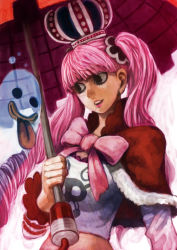 Rule 34 | 1girl, bow, capelet, crown, female focus, fur trim, ghost, lack, long hair, long sleeves, one piece, painterly, parasol, perona, pink hair, ribbon, short cape, solo, tongue, twintails, umbrella
