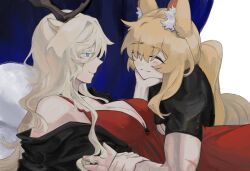 Rule 34 | 2girls, ^ ^, animal ear fluff, animal ears, antlers, arknights, black jacket, black shirt, blonde hair, blue eyes, blush, breasts, cleavage, closed eyes, deer antlers, deer ears, deer girl, dress, hand on another&#039;s chin, head rest, highres, horns, horse ears, horse girl, horse tail, jacket, kotcate, large breasts, lying, multiple girls, nearl (arknights), on back, open clothes, open jacket, red dress, scar, scar on arm, shirt, smile, spaghetti strap, tail, viviana (arknights), yuri