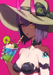 Rule 34 | 1girl, bare arms, bare shoulders, black bow, black nails, bow, breasts, brown hat, cherry blossoms, cleavage, collarbone, commentary request, cup, drinking glass, drinking straw, facial mark, fate/grand order, fate (series), fingernails, food, fruit, hair between eyes, hat, hat bow, highres, holding, holding cup, horns, horns through headwear, ice cream, ice cream float, lam (ramdayo), lime (fruit), lime slice, looking at viewer, nail polish, oni, parted lips, pink background, purple background, purple eyes, purple hair, revealing clothes, short hair, shuten douji (fate), simple background, skin-covered horns, small breasts, solo, sun hat