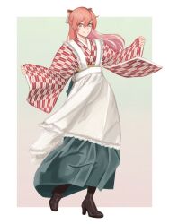 Rule 34 | 1girl, alternate costume, apron, aqua eyes, bad id, bad twitter id, boots, carcano m1891 (girls&#039; frontline), full body, girls&#039; frontline, gradient background, green skirt, hair ribbon, highres, japanese clothes, kimono, long hair, long skirt, looking at viewer, pink hair, ribbon, rob 110101101, skirt, smile, solo, white apron, white background