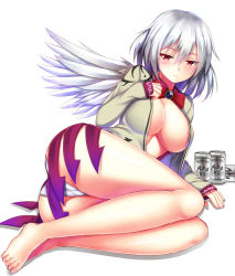 Rule 34 | 1girl, ass, barefoot, beer can, blush, breasts, can, cleavage, drink can, ebi 193, female focus, full body, kishin sagume, large breasts, long sleeves, looking at viewer, no bra, open clothes, panties, pantyshot, red eyes, short hair, silver hair, simple background, single wing, solo, thighs, touhou, underwear, white background, white panties, wings