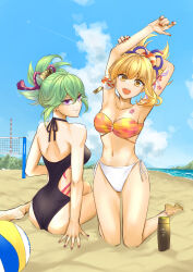 Rule 34 | 2girls, :d, absurdres, arm tattoo, armpits, arms up, ball, bandeau, bare back, bare legs, bare shoulders, barefoot, beach, beachball, bikini, black one-piece swimsuit, blonde hair, blue sky, commentary request, day, genshin impact, green hair, highres, kneeling, kuki shinobu, looking at viewer, mismatched bikini, multiple girls, nappa-nappa, navel, ocean, one-piece swimsuit, open mouth, outdoors, ponytail, purple eyes, short hair, sky, smile, stomach, stomach tattoo, strapless, strapless bikini, swimsuit, tattoo, thighs, water, yellow eyes, yoimiya (genshin impact)