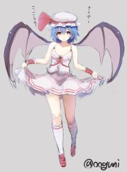 Rule 34 | 1girl, adapted costume, alternate costume, bat wings, blue hair, blush, colorized, full body, grey background, hat, hat ribbon, kneehighs, looking at viewer, mob cap, open mouth, red eyes, remilia scarlet, ribbon, shirt, shoes, short hair, simple background, sketch, skirt, skirt hold, skirt set, sleeveless, socks, solo, text focus, touhou, translation request, twitter username, white socks, wings, wowoguni, wrist cuffs